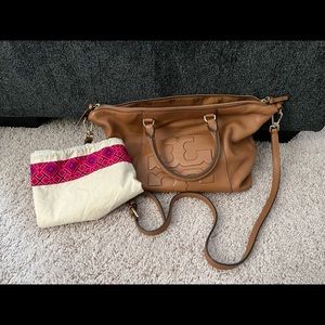 Tory Burch Bombe' Medium Slouchy Tote Shoulder Top Zip brown Pebbled leather